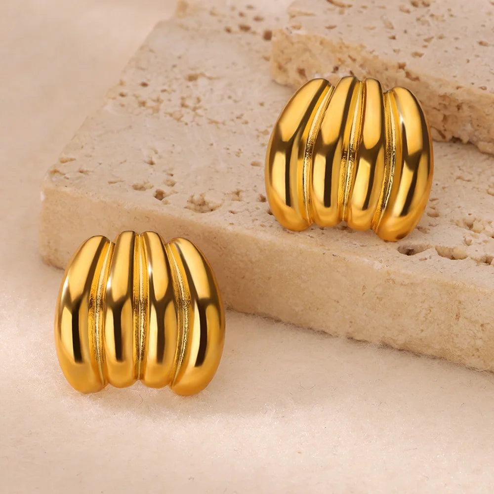✨ Vintage Irregular Claw Hook Earrings – Gold Stainless Steel Striped Studs for Women | Party, Wedding & Gift Jewelry