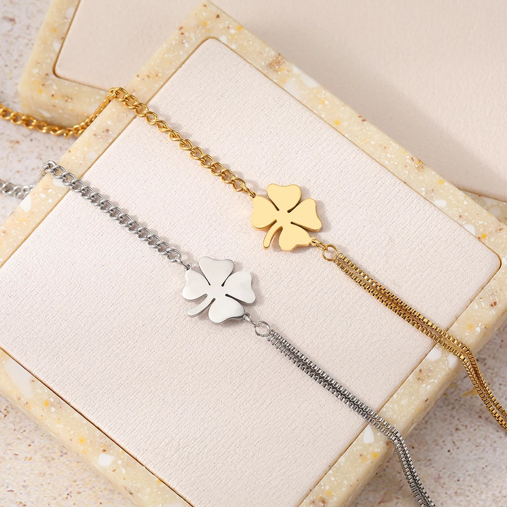 Stainless Steel Lucky Clover Bracelet for Women | Non-Fading High-Polished Pendant | Trendy Hip Hop Everyday Jewelry Gift