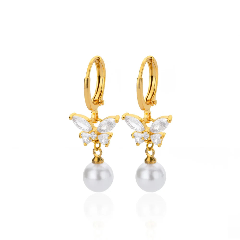 ✨ Gold-Plated Butterfly Zircon & Pearl Drop Earrings – Stainless Steel Luxury Jewelry for Women | Aesthetic Gift 2023