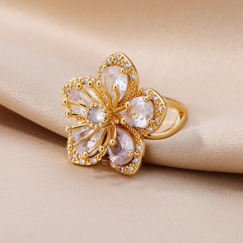 Pink Zircon Flower Ring – Gold Stainless Steel Floral Jewelry for Women