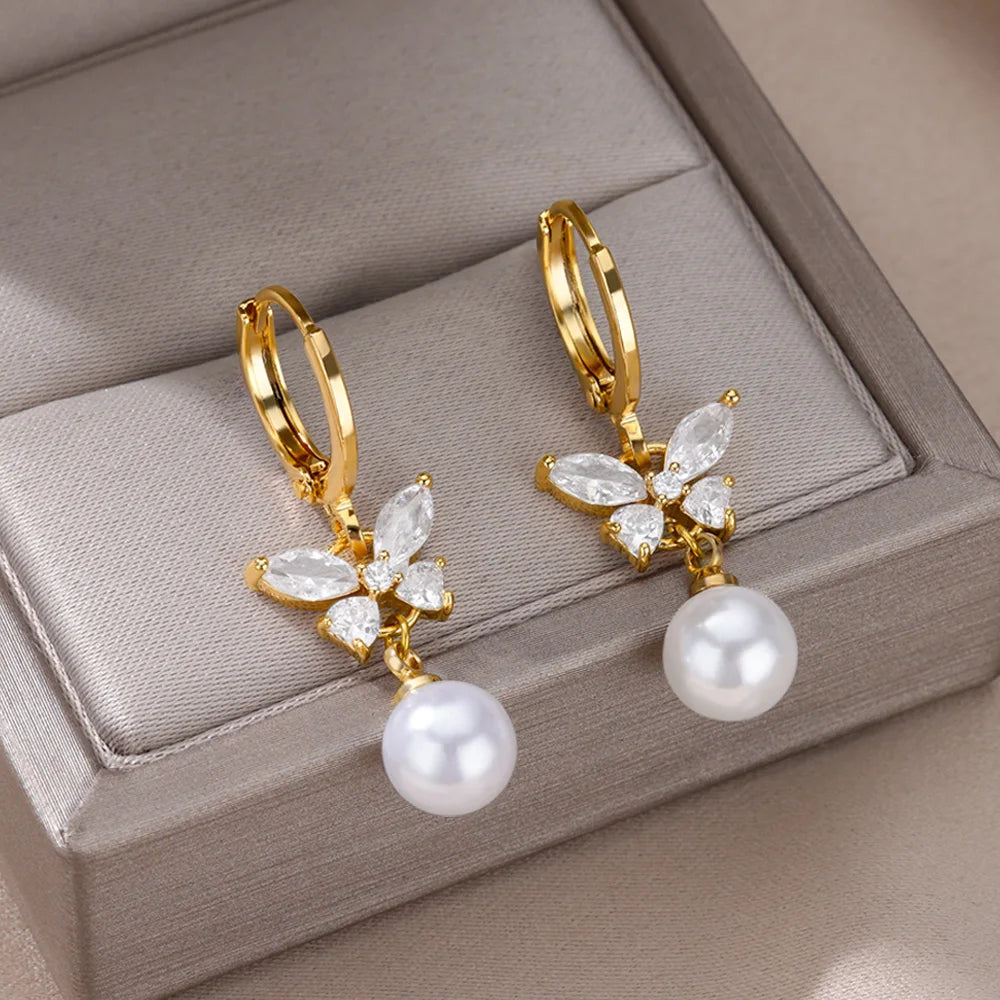 ✨ Gold-Plated Butterfly Zircon & Pearl Drop Earrings – Stainless Steel Luxury Jewelry for Women | Aesthetic Gift 2023