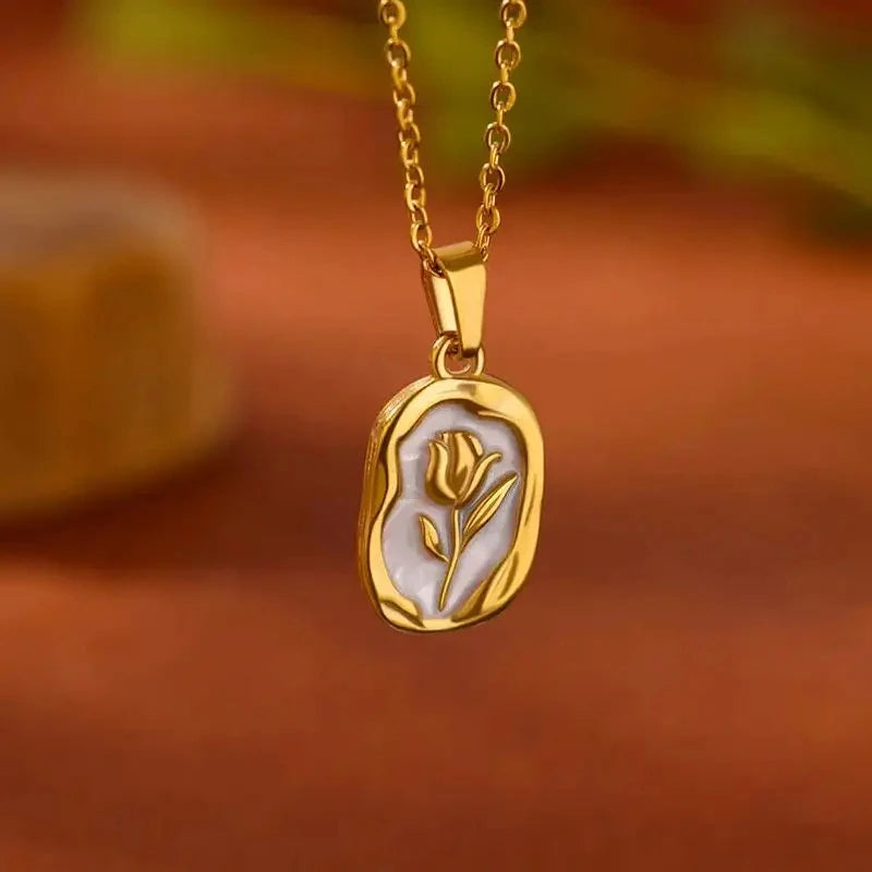✨ Rose Flower Pendant Necklace for Women – Gold Stainless Steel Tulip Charm | Wedding & Birthday Jewelry Gift