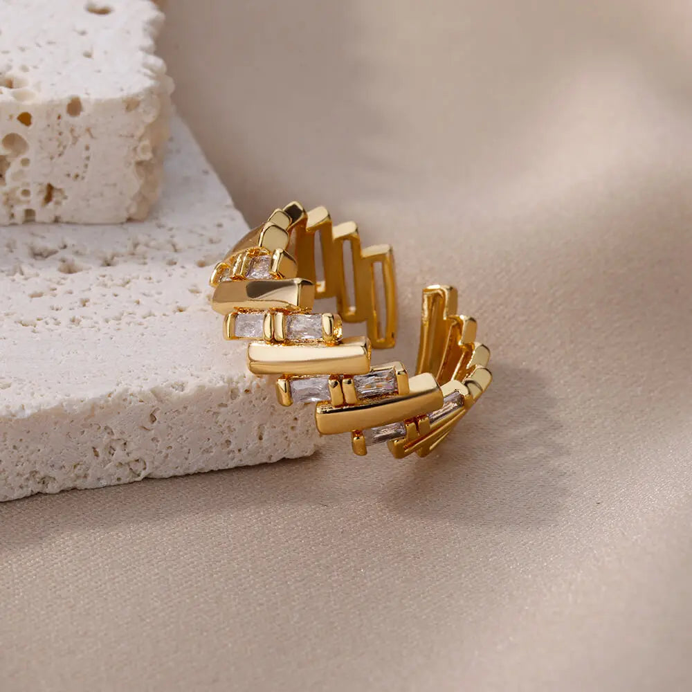 Gold Zircon Bar Open Ring – Stainless Steel Adjustable Luxury Wedding Jewelry for Women
