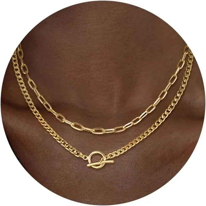 ✨ Gold Layered Necklace for Women – K Gold Plated Cuban Link & Paperclip Chain with Toggle Clasp | Trendy Jewelry Gift