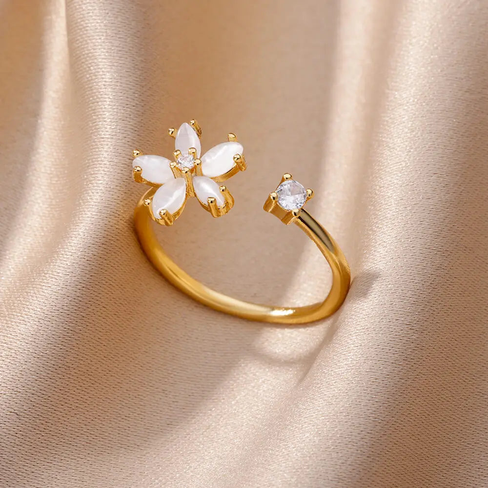 Opal Flower Open Ring – Stainless Steel Cubic Zirconia Wedding & Floral Jewelry for Women