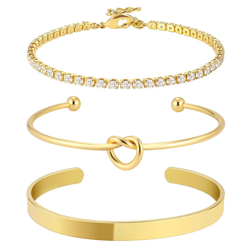 3pcs Stainless Steel Gold Plated Bracelet Set – Adjustable Luxury Zircon Bangles for Women | Trendy Jewelry Gifts