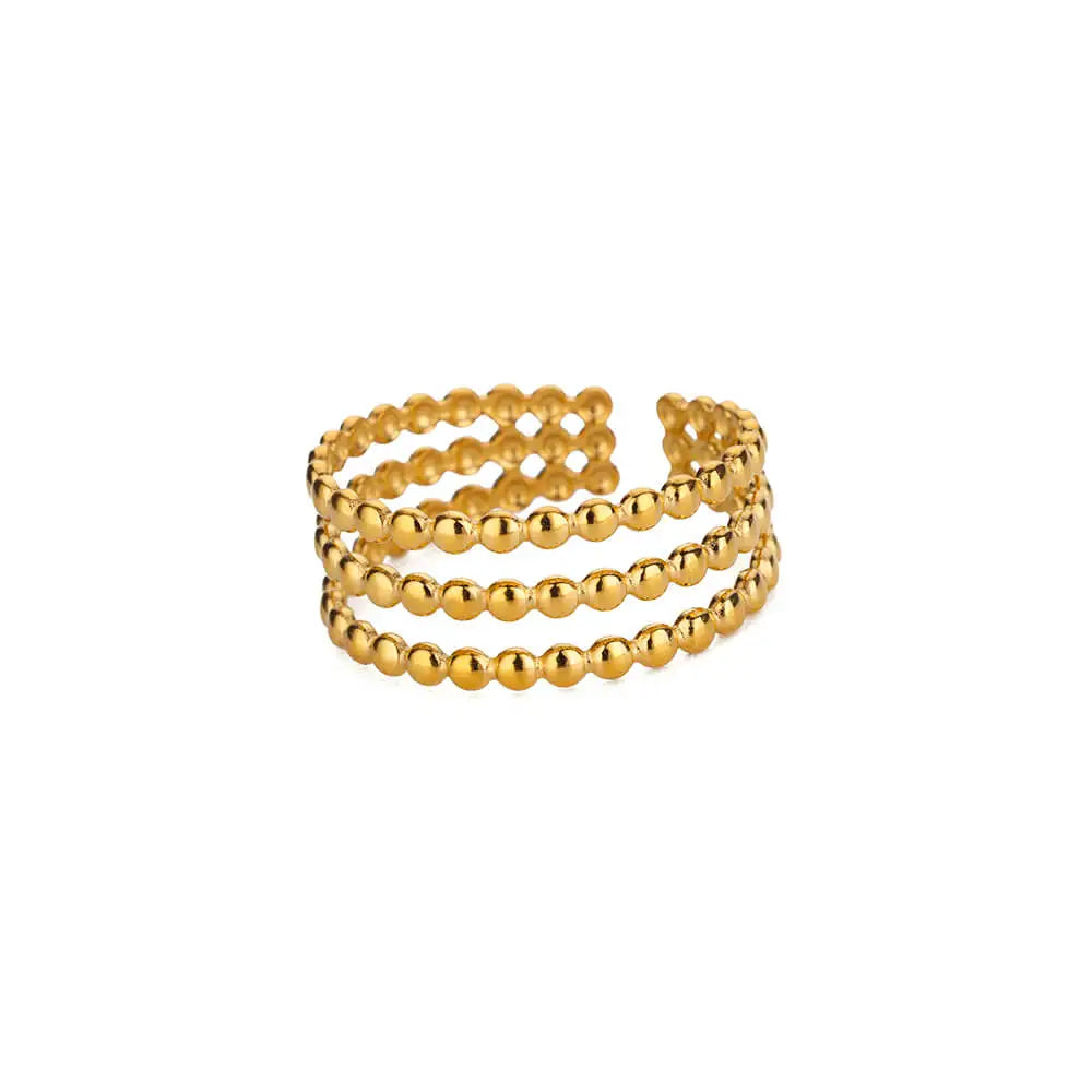 Stainless Steel Beads Design Ring – Gold Color Adjustable Wedding & Party Jewelry for Women