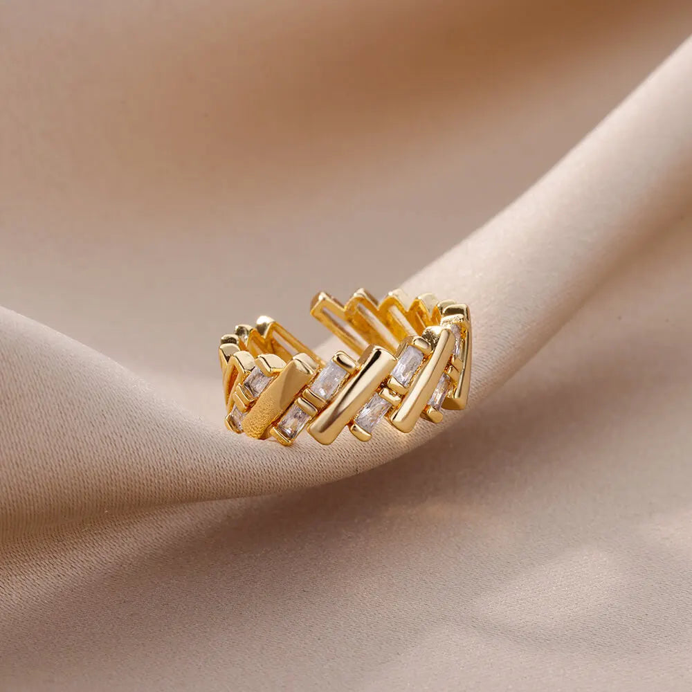 Gold Zircon Bar Open Ring – Stainless Steel Adjustable Luxury Wedding Jewelry for Women