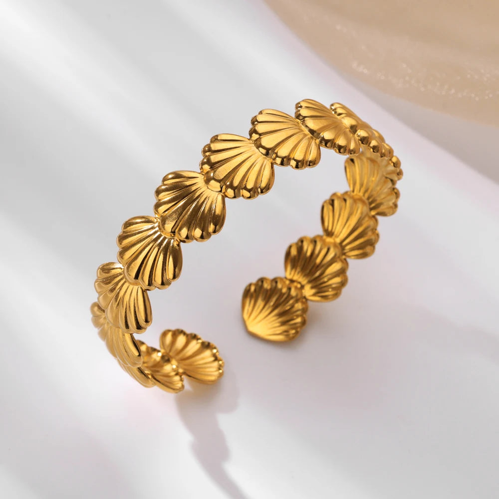 π Shell Cuff Bracelet for Women | Gold Color Stainless Steel Open Bangle | Luxury Summer Beach Jewelry Gift
