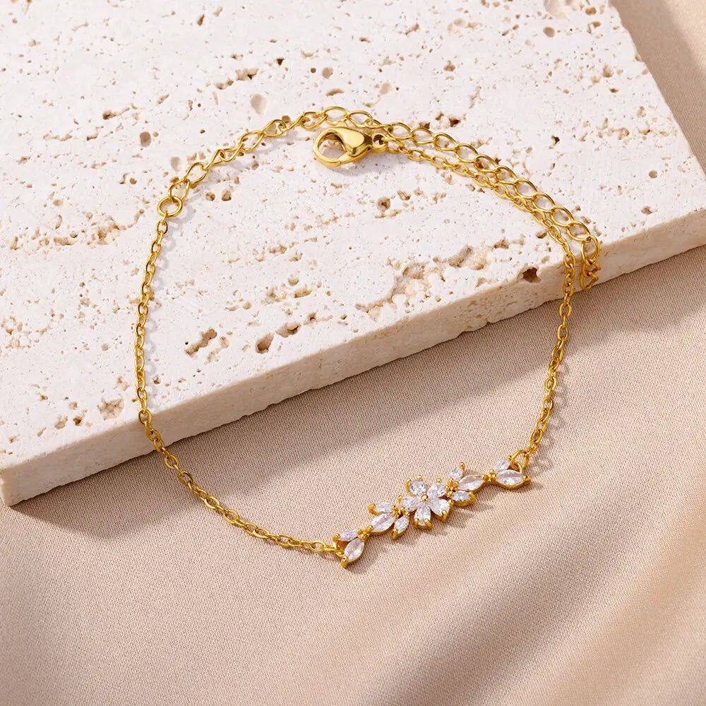 🌸 Elegant Zircon Flower Charm Bracelet for Women | Gold Color Stainless Steel Plant Design Luxury Jewelry Gift