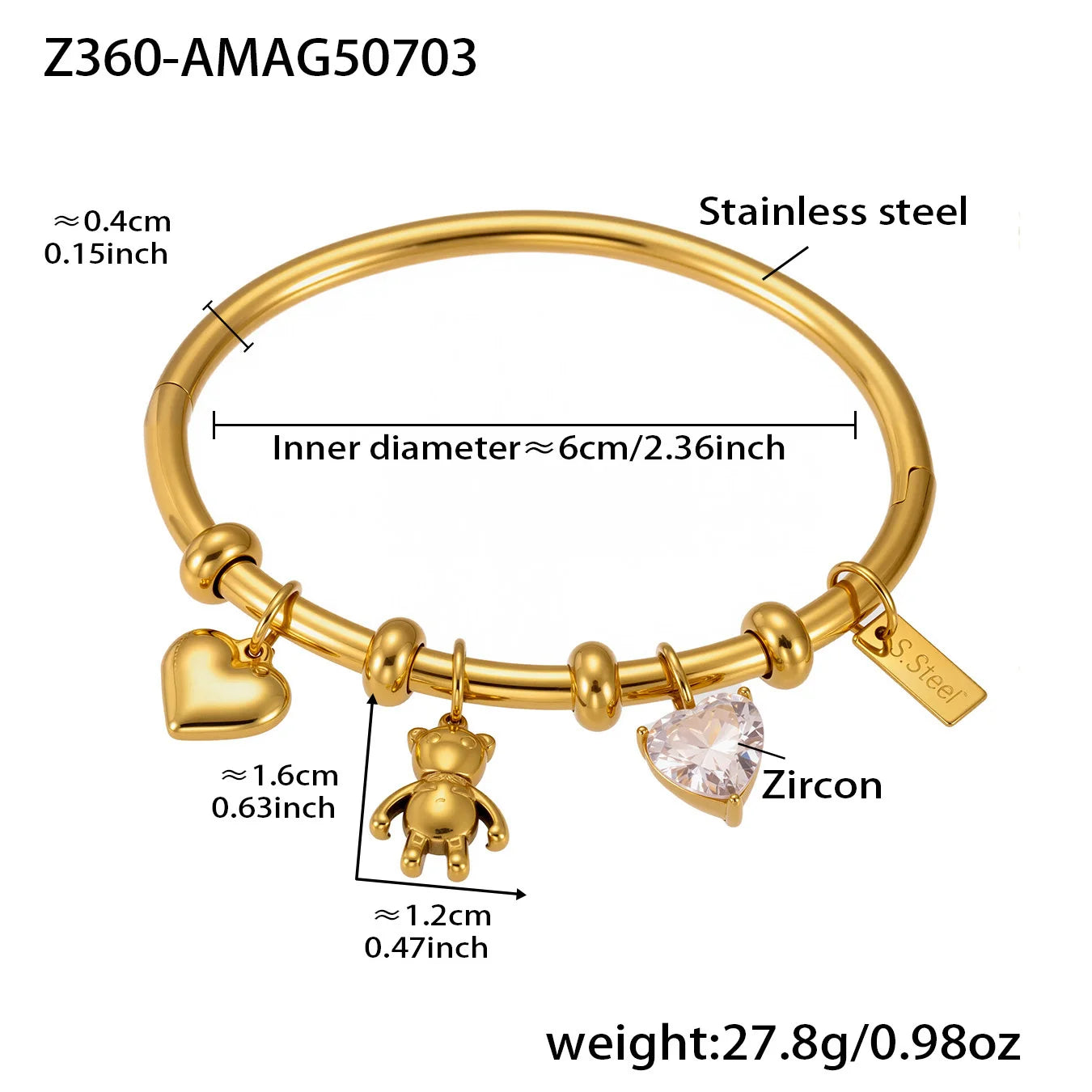 Liora Stainless Steel Little Bear & Heart Zircon Bangle – Women’s Gold Plated Bracelet | Romantic Wedding & Gift Jewelry