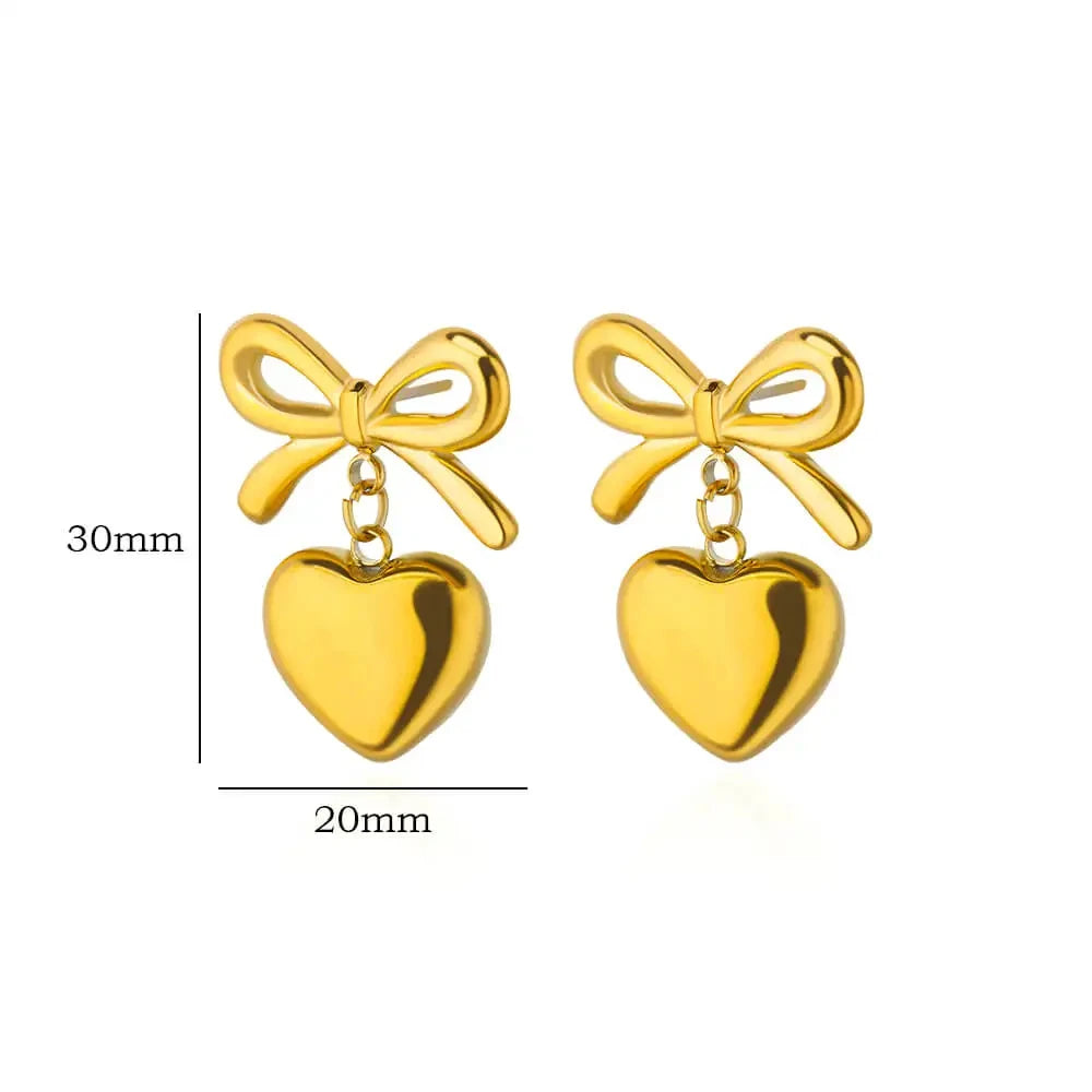 ✨ Cute Bow Heart Stud Earrings for Women – Gold Stainless Steel Piercing Jewelry | 2024 Wedding & Party Gift