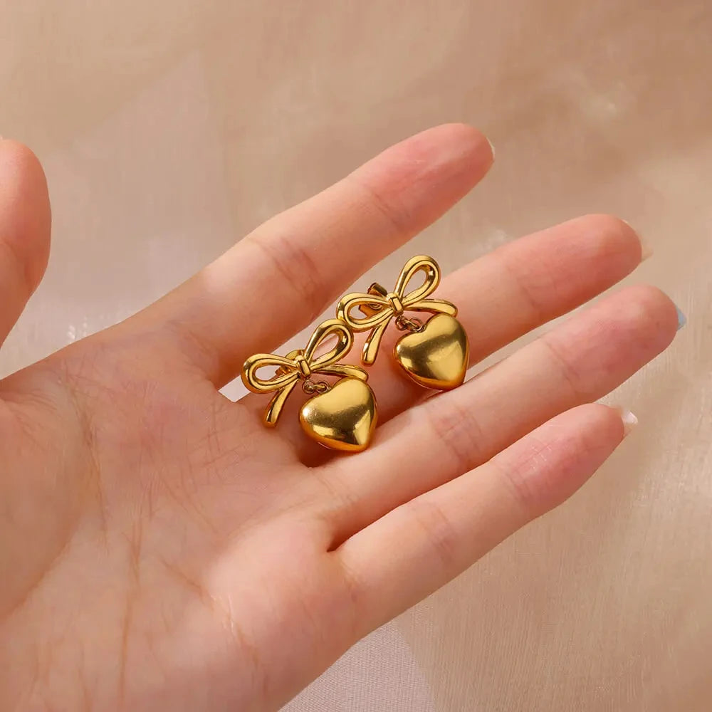 ✨ Cute Bow Heart Stud Earrings for Women – Gold Stainless Steel Piercing Jewelry | 2024 Wedding & Party Gift