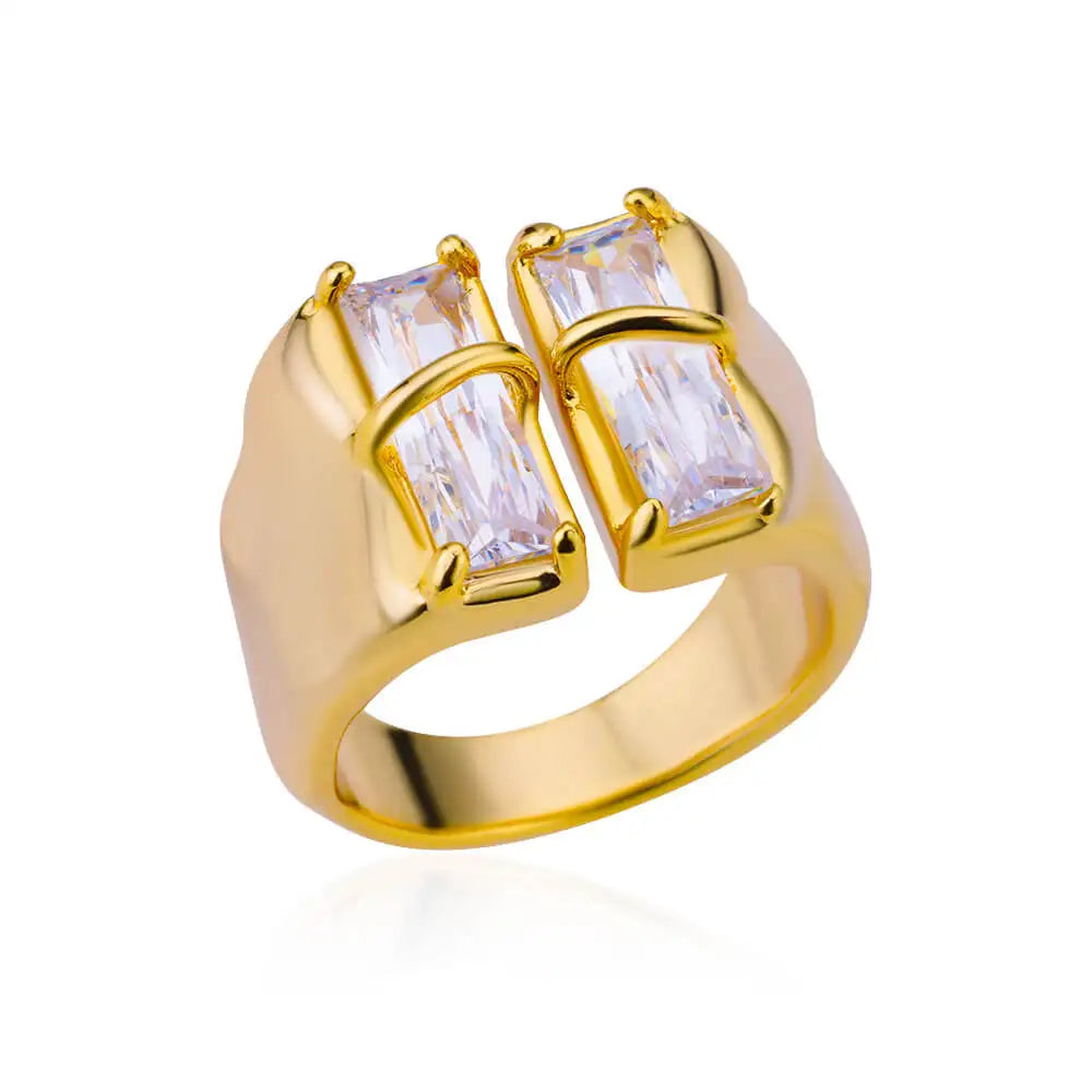 Irregular Square Zircon Ring – Gold Plated Stainless Steel Adjustable Wedding & Party Jewelry for Women