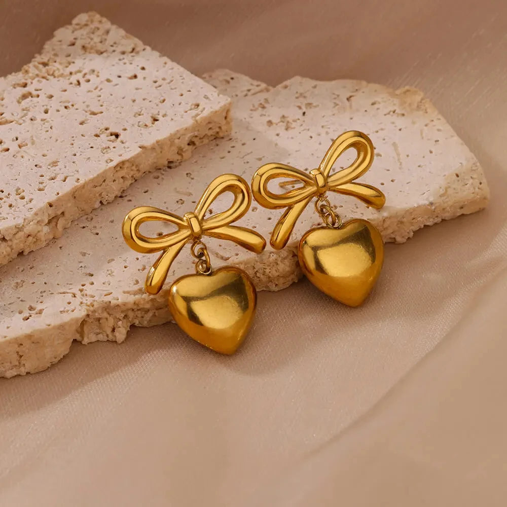 ✨ Cute Bow Heart Stud Earrings for Women – Gold Stainless Steel Piercing Jewelry | 2024 Wedding & Party Gift