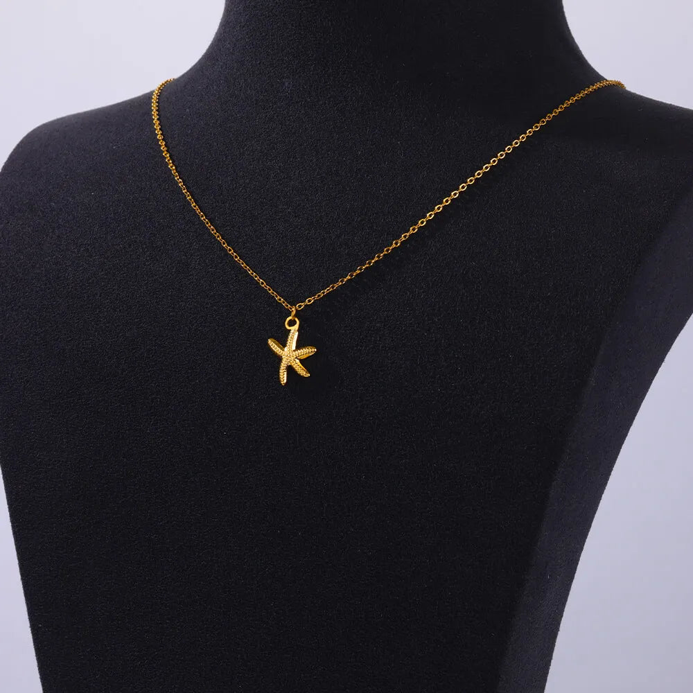 ✨ Vintage Starfish & Shell Necklace for Women – Gold Stainless Steel Ocean Pendant | Summer Jewelry Gift for BFF