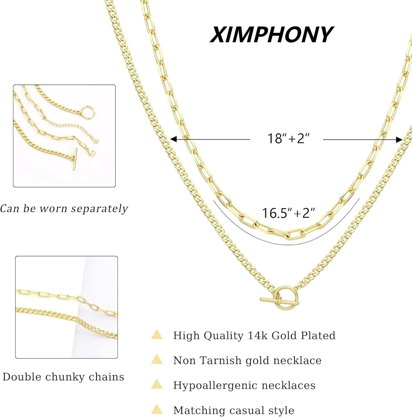 ✨ Gold Layered Necklace for Women – K Gold Plated Cuban Link & Paperclip Chain with Toggle Clasp | Trendy Jewelry Gift