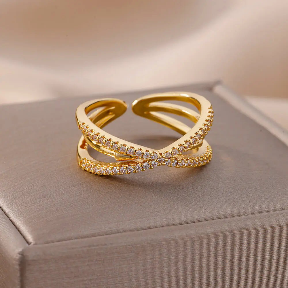 Gold Zircon Cross Open Ring – Stainless Steel Wedding & Party Jewelry for Women