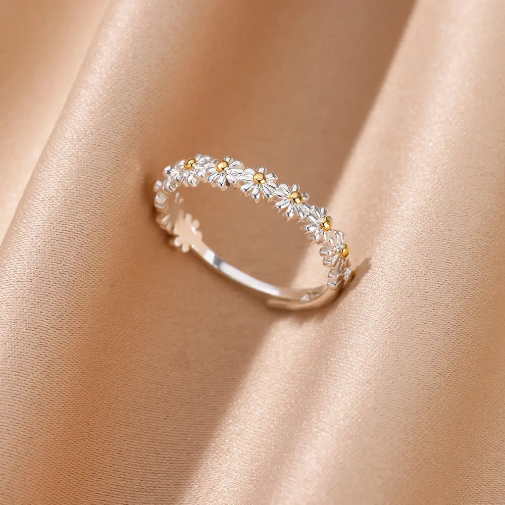 ๐ผ Vintage Daisy Adjustable Rings for Women | Stainless Steel Open Cuff Flower Ring | Wedding & Engagement Jewelry Gift