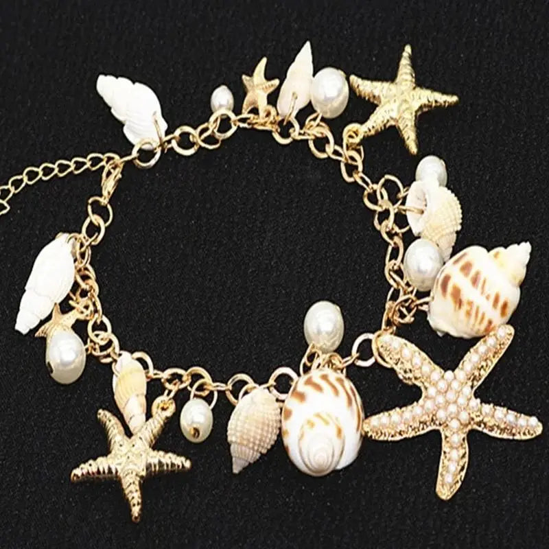 Gold Starfish & Conch Charm Bracelet | Imitation Pearl & Natural Shell | Cute Summer Y2K Fashion Jewelry