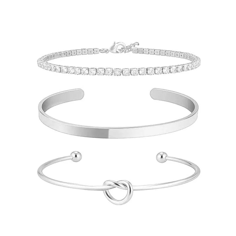 3pcs Stainless Steel Gold Plated Bracelet Set – Adjustable Luxury Zircon Bangles for Women | Trendy Jewelry Gifts