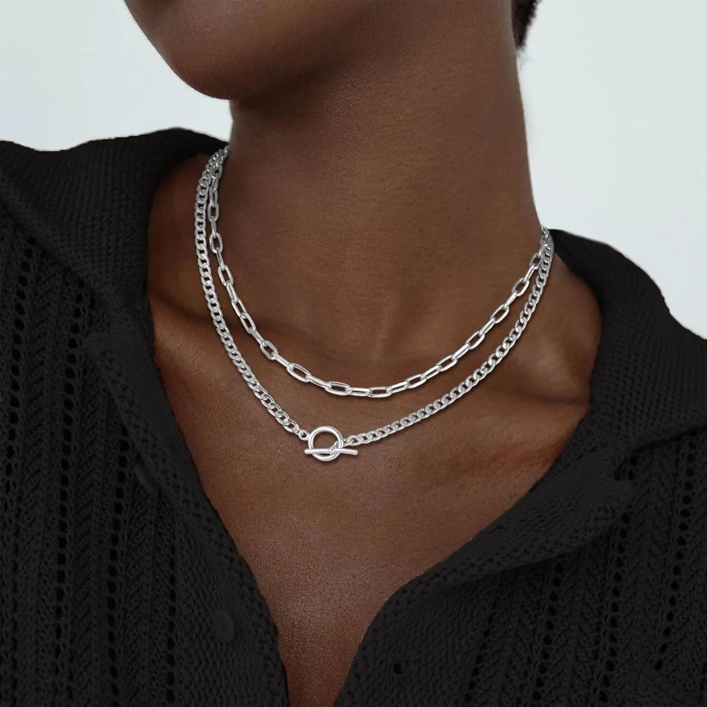 ✨ Gold Layered Necklace for Women – K Gold Plated Cuban Link & Paperclip Chain with Toggle Clasp | Trendy Jewelry Gift