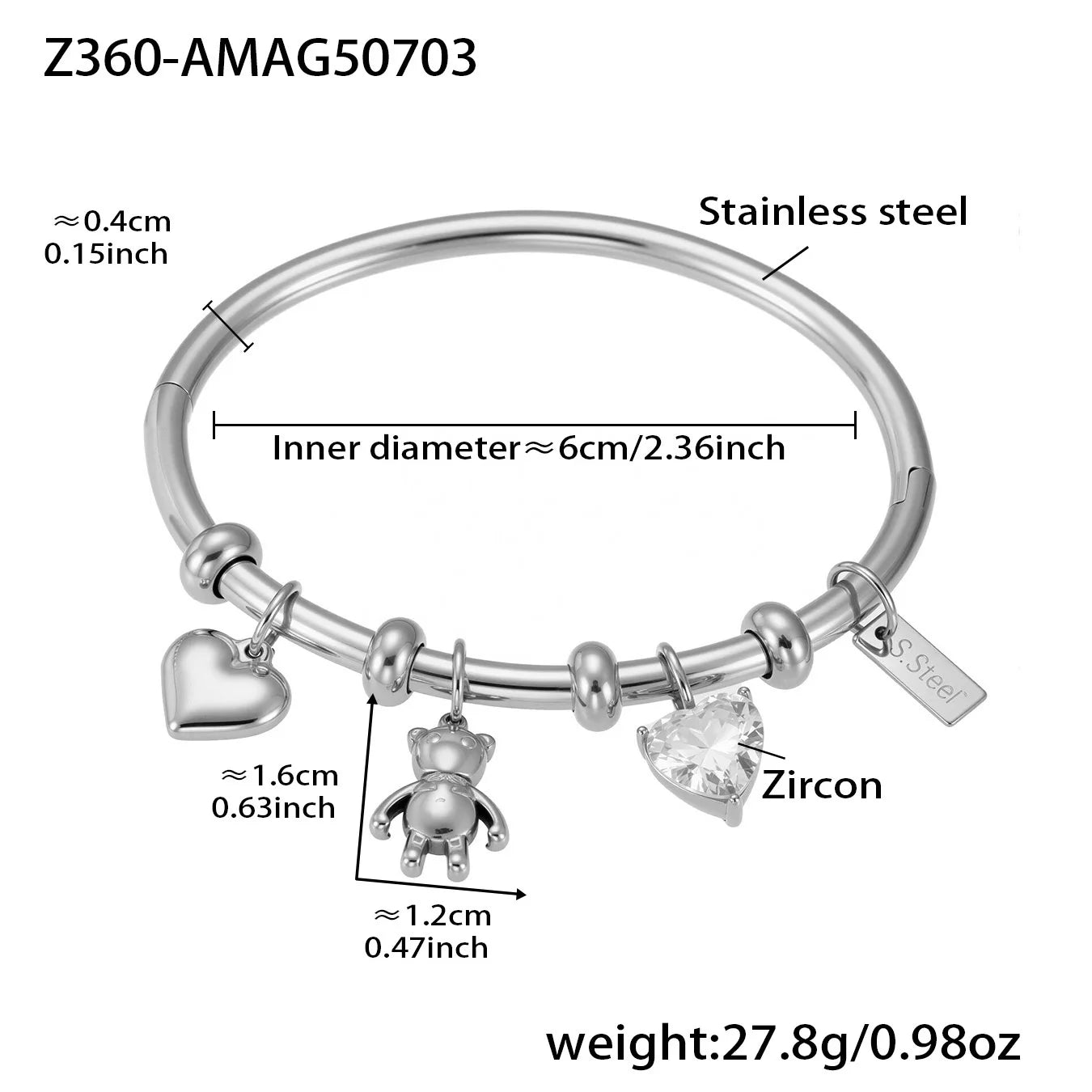 Liora Stainless Steel Little Bear & Heart Zircon Bangle – Women’s Gold Plated Bracelet | Romantic Wedding & Gift Jewelry