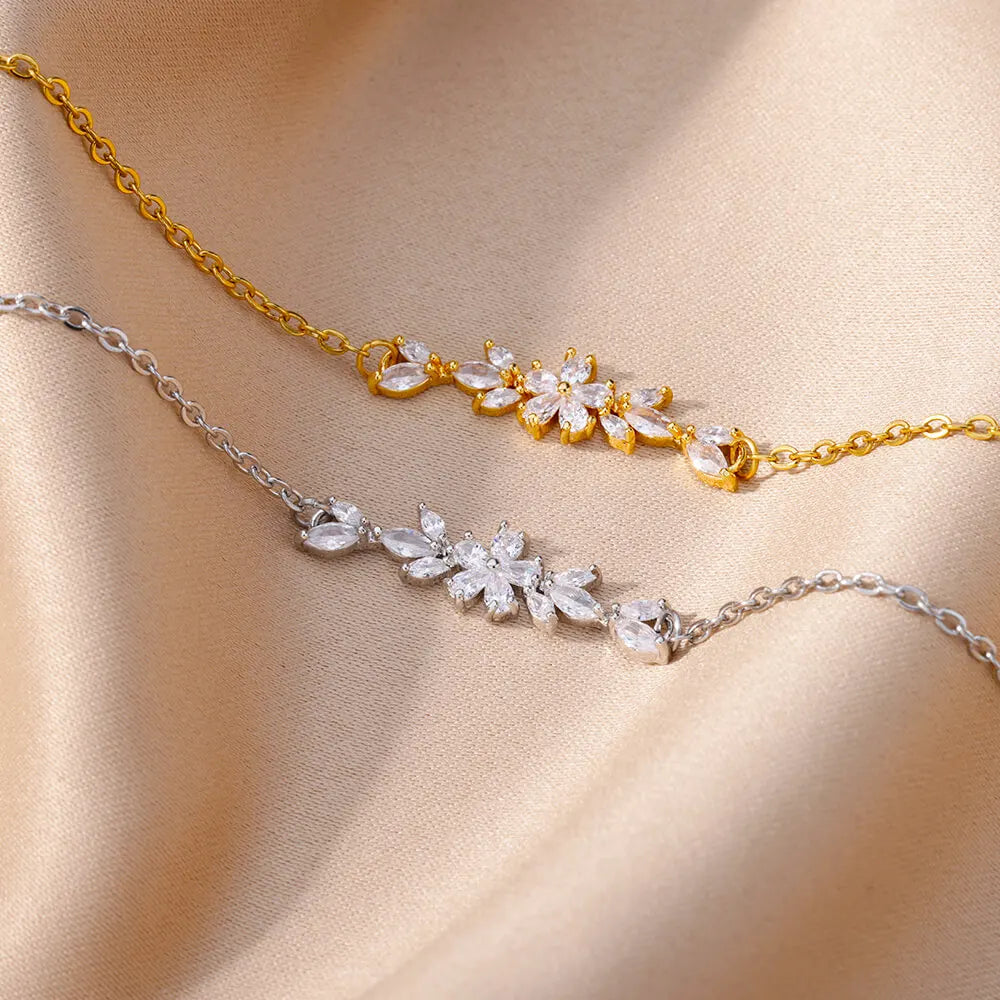 🌸 Elegant Zircon Flower Charm Bracelet for Women | Gold Color Stainless Steel Plant Design Luxury Jewelry Gift