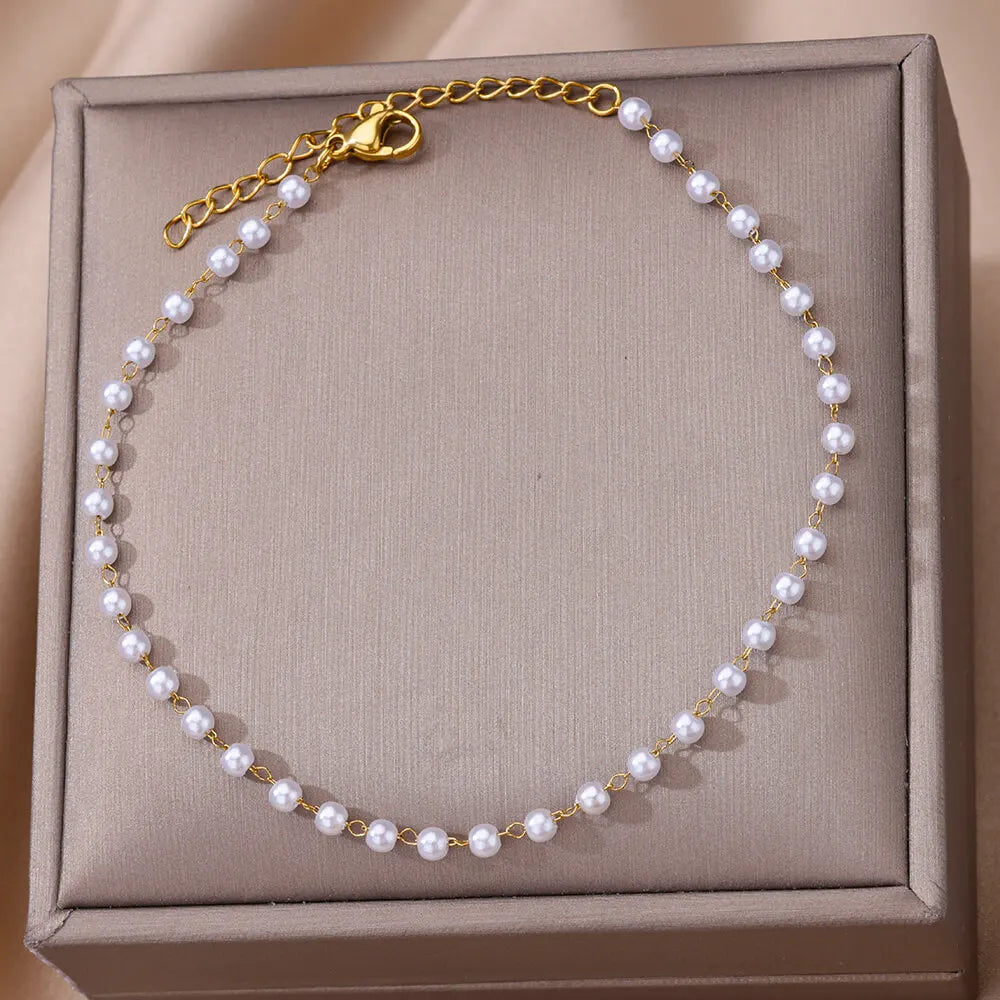 β¨ Elegant Pearl Chain Anklet for Women | 18K Gold Plated Stainless Steel Summer Beach Jewelry Gift