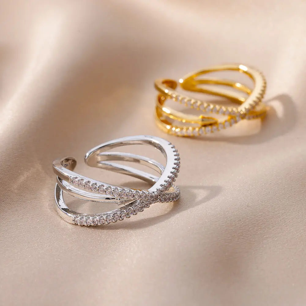 Gold Zircon Cross Open Ring – Stainless Steel Wedding & Party Jewelry for Women