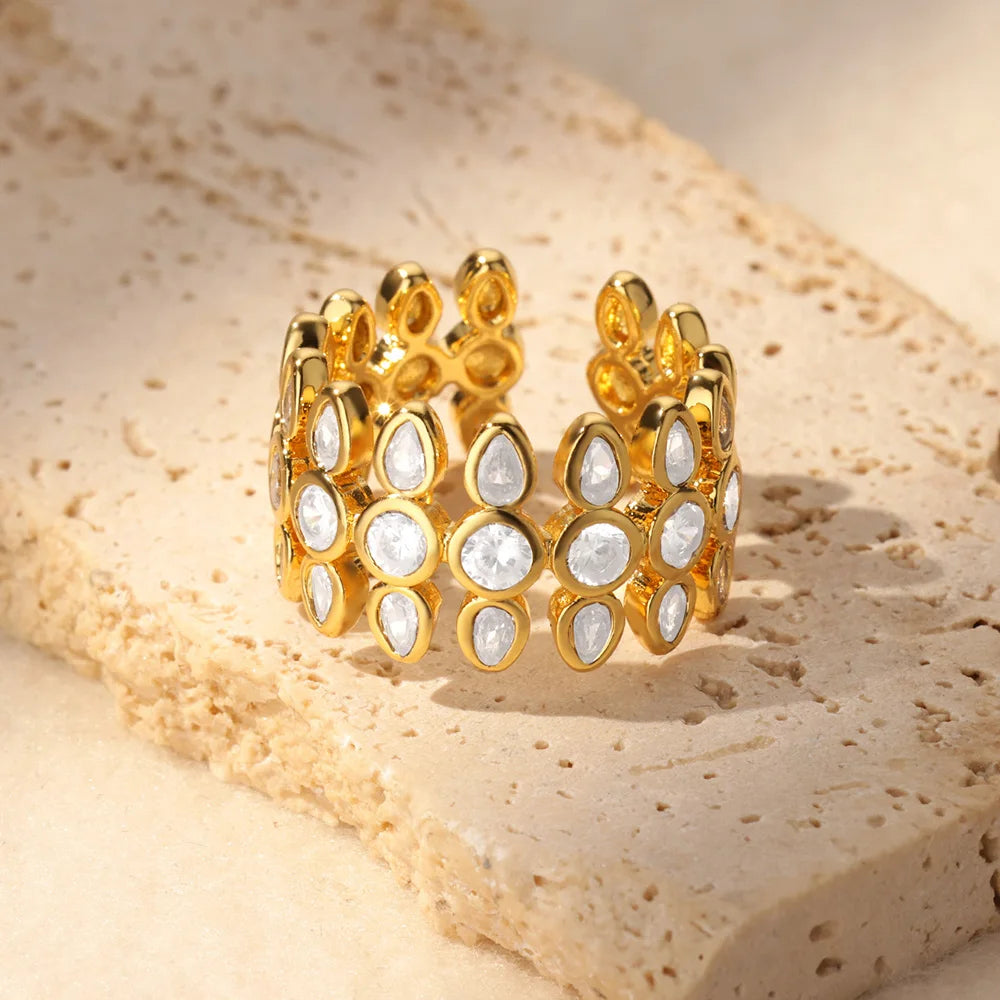 White Zircon Geometric Gold Stainless Steel Adjustable Ring for Women