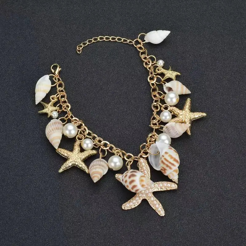 Gold Starfish & Conch Charm Bracelet | Imitation Pearl & Natural Shell | Cute Summer Y2K Fashion Jewelry