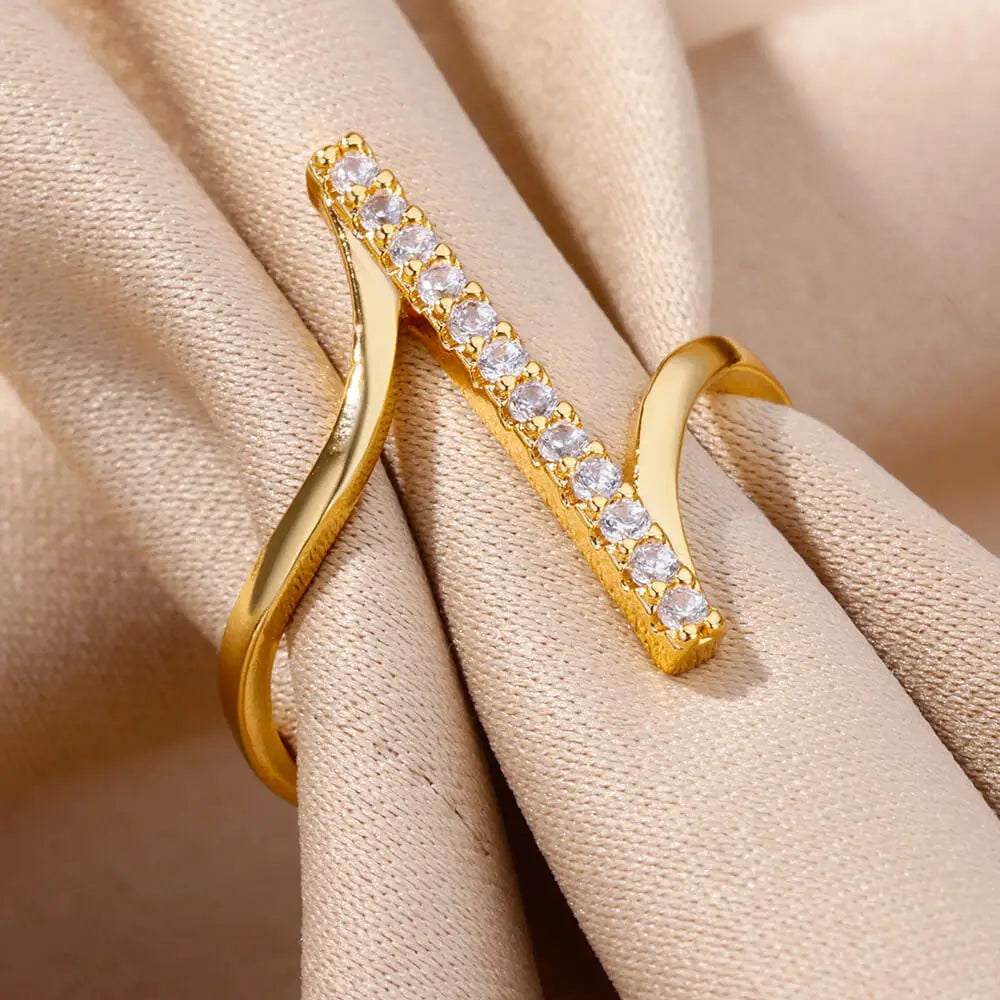 Luxury Gold Geometric Zircon Open Ring – 18K Plated Stainless Steel Wedding & Party Jewelry for Women