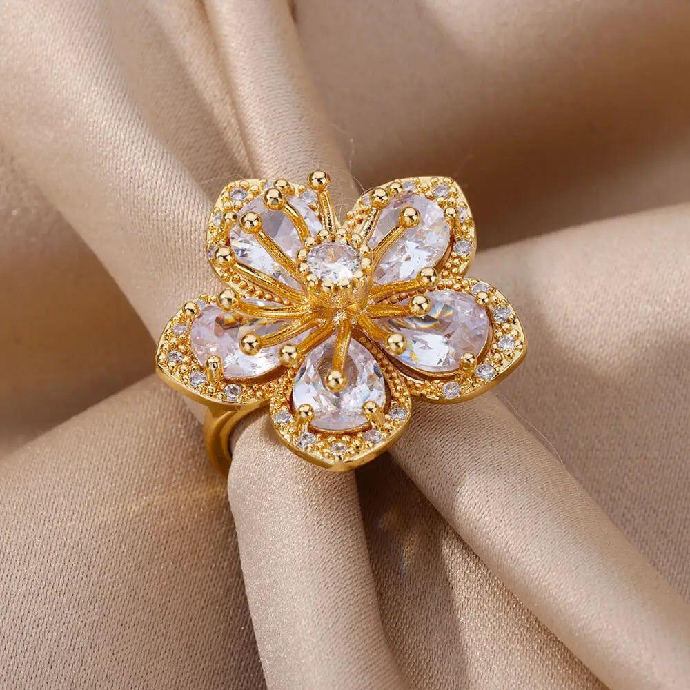 Pink Zircon Flower Ring – Gold Stainless Steel Floral Jewelry for Women
