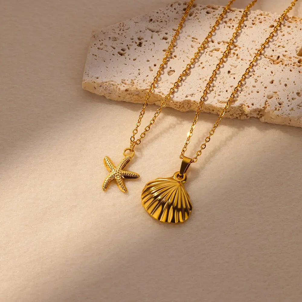 ✨ Vintage Starfish & Shell Necklace for Women – Gold Stainless Steel Ocean Pendant | Summer Jewelry Gift for BFF