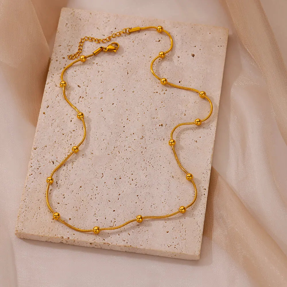 ✨ Stainless Steel Beaded Round Snake Chain Necklace – Gold Geometric Pendant for Women | Luxury Wedding & Party Jewelry Gift BFF
