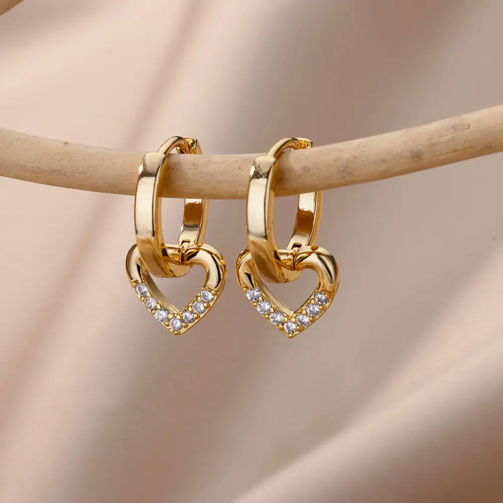 ✨ Hollow Zircon Heart Earrings for Women – Gold Stainless Steel Luxury Studs | Wedding, Couple & Gift Jewelry