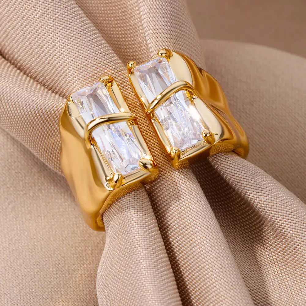 Irregular Square Zircon Ring – Gold Plated Stainless Steel Adjustable Wedding & Party Jewelry for Women