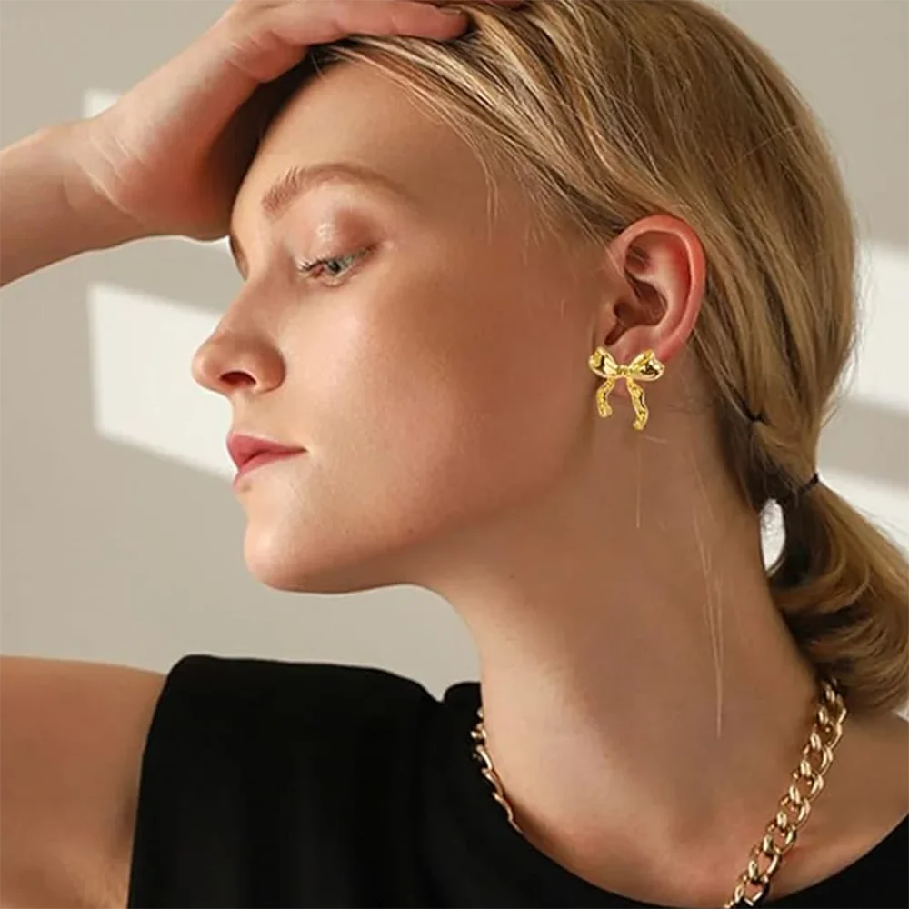 ✨ Vintage Bowknot Earrings for Women – Gold-Plated Stainless Steel Elegant Studs | Christmas & Party Jewelry Gift