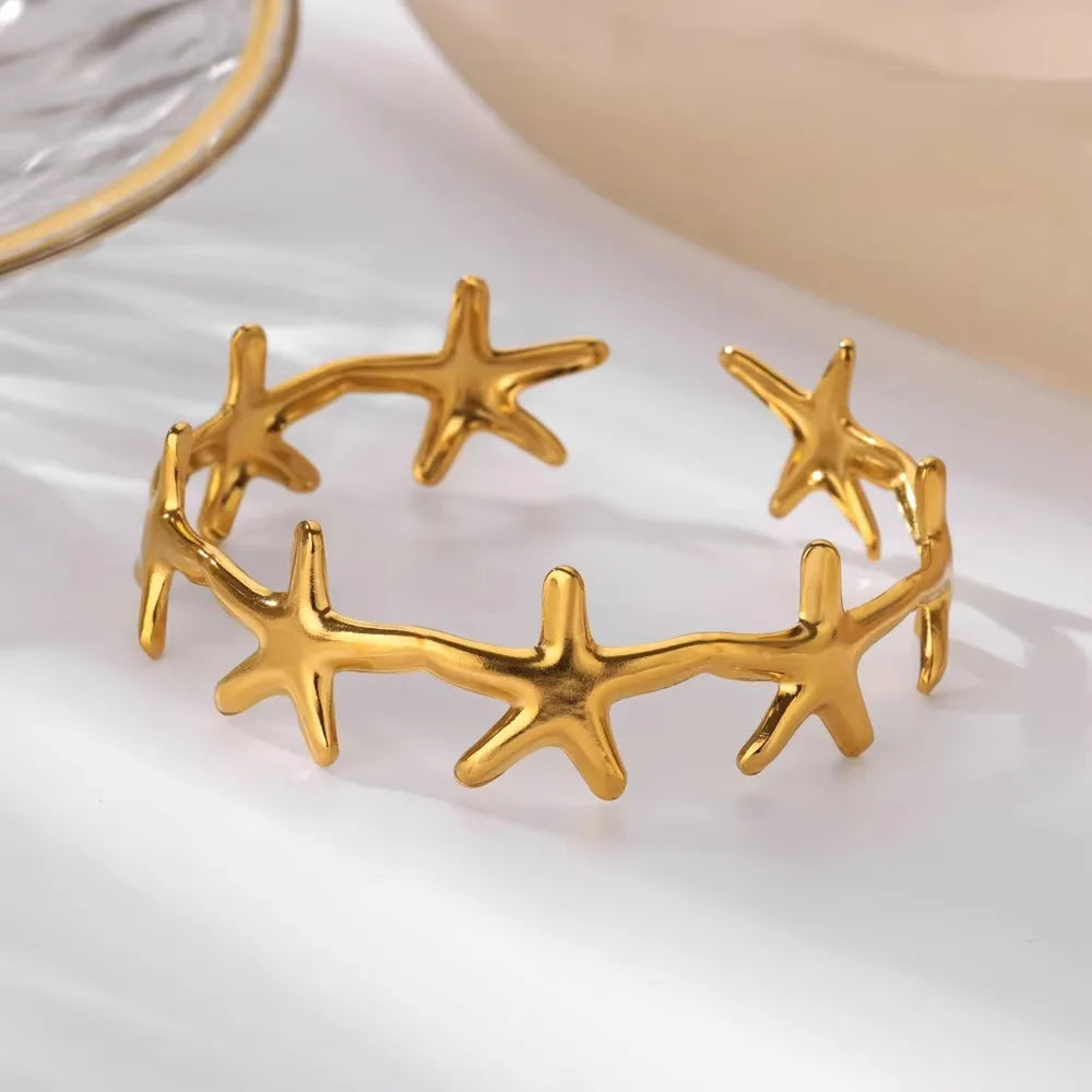 π Shell Cuff Bracelet for Women | Gold Color Stainless Steel Open Bangle | Luxury Summer Beach Jewelry Gift