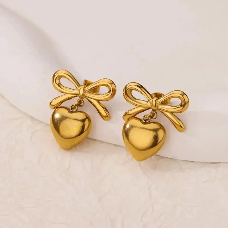 ✨ Cute Bow Heart Stud Earrings for Women – Gold Stainless Steel Piercing Jewelry | 2024 Wedding & Party Gift