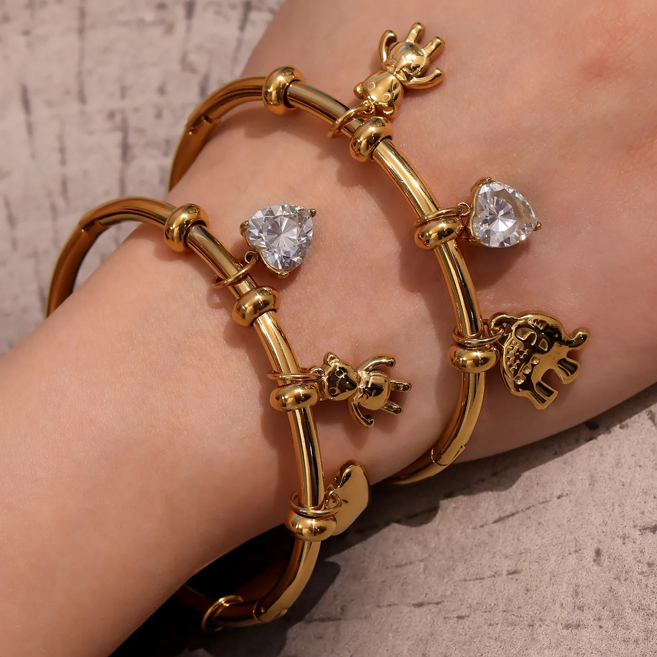 Liora Stainless Steel Little Bear & Heart Zircon Bangle – Women’s Gold Plated Bracelet | Romantic Wedding & Gift Jewelry