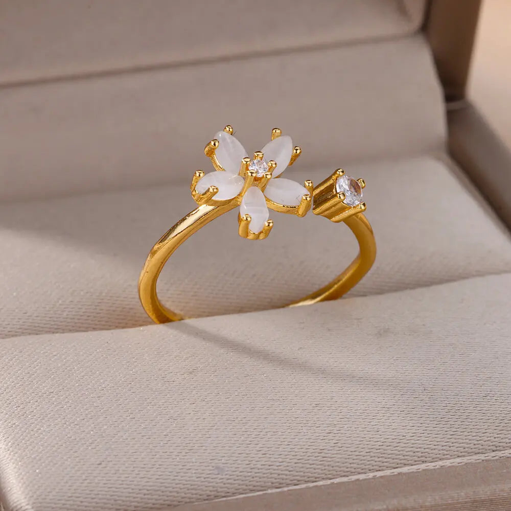 Opal Flower Open Ring – Stainless Steel Cubic Zirconia Wedding & Floral Jewelry for Women