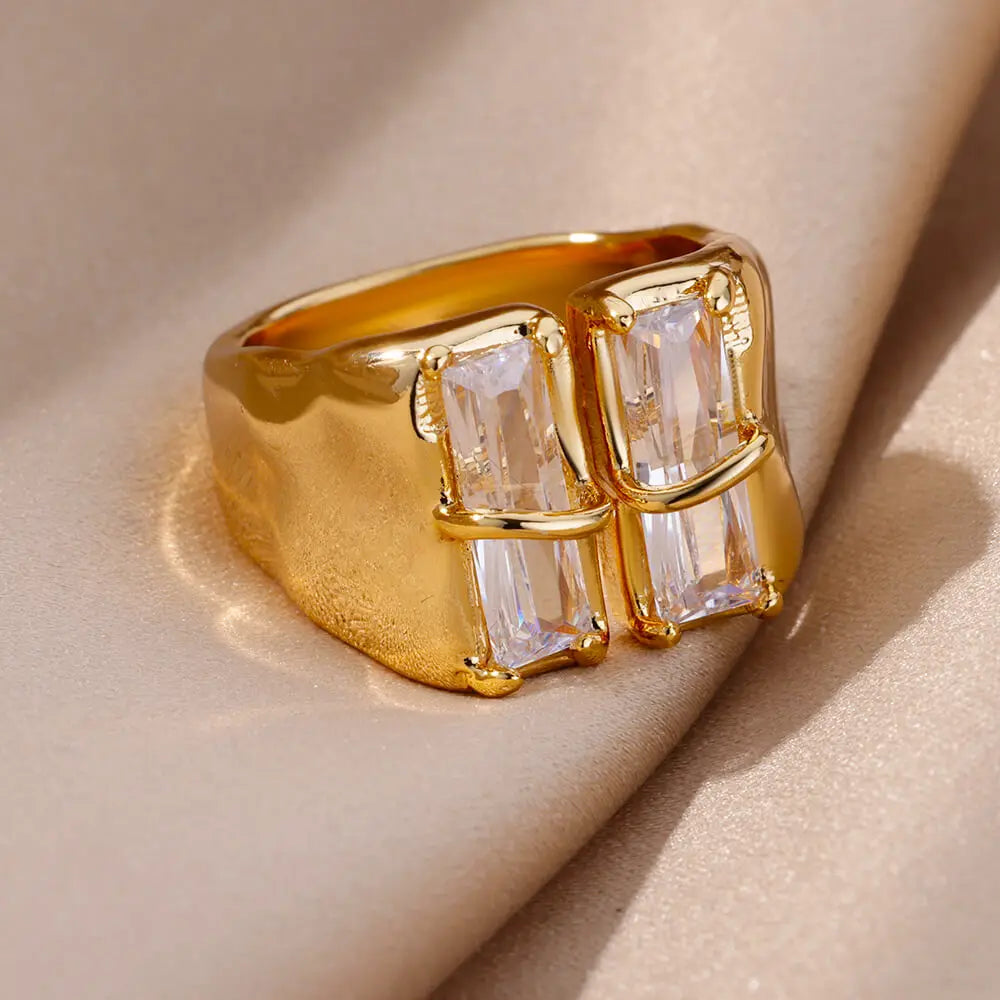 Irregular Square Zircon Ring – Gold Plated Stainless Steel Adjustable Wedding & Party Jewelry for Women
