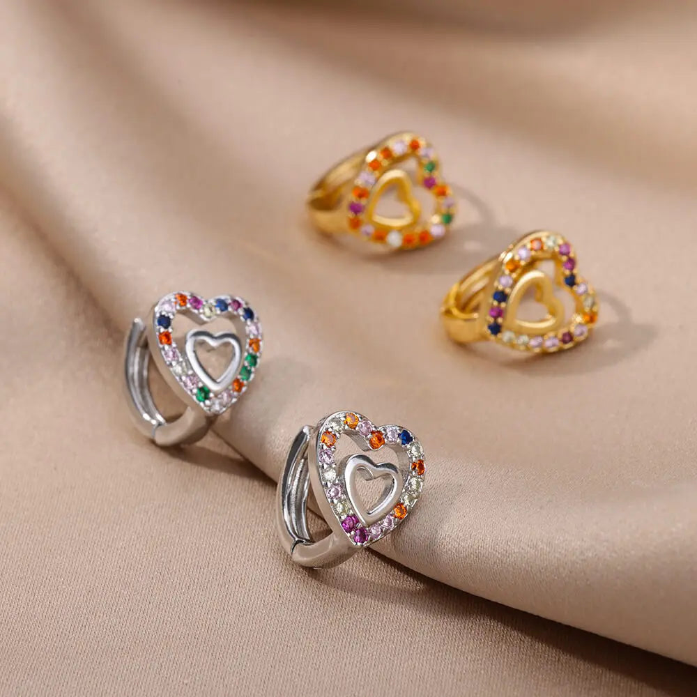 ✨ Hollow Zircon Heart Earrings for Women – Gold Stainless Steel Luxury Studs | Wedding, Couple & Gift Jewelry
