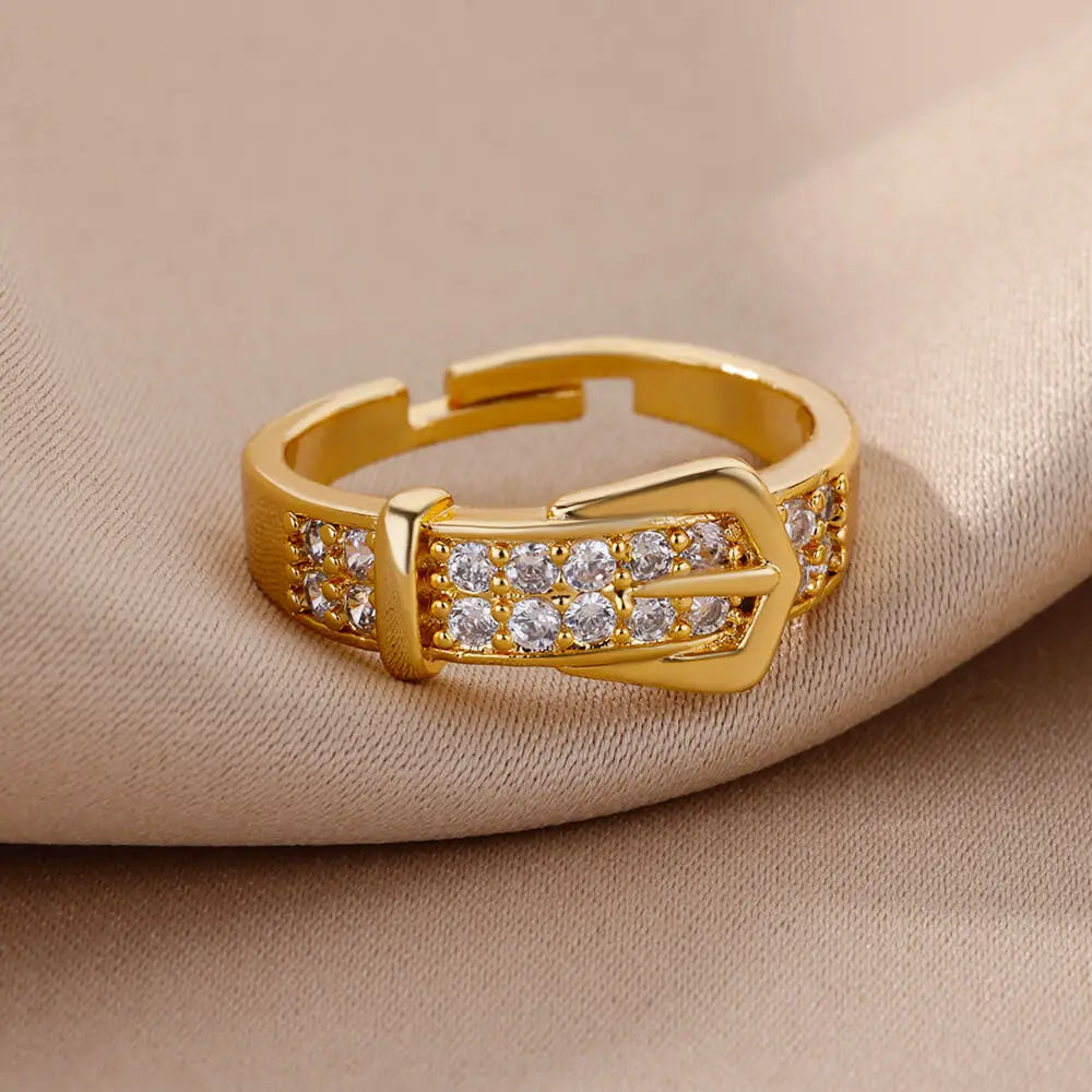 Stainless Steel Belt Ring – Gold-Plated Adjustable Zircon Women’s Geometric Wedding Jewelry