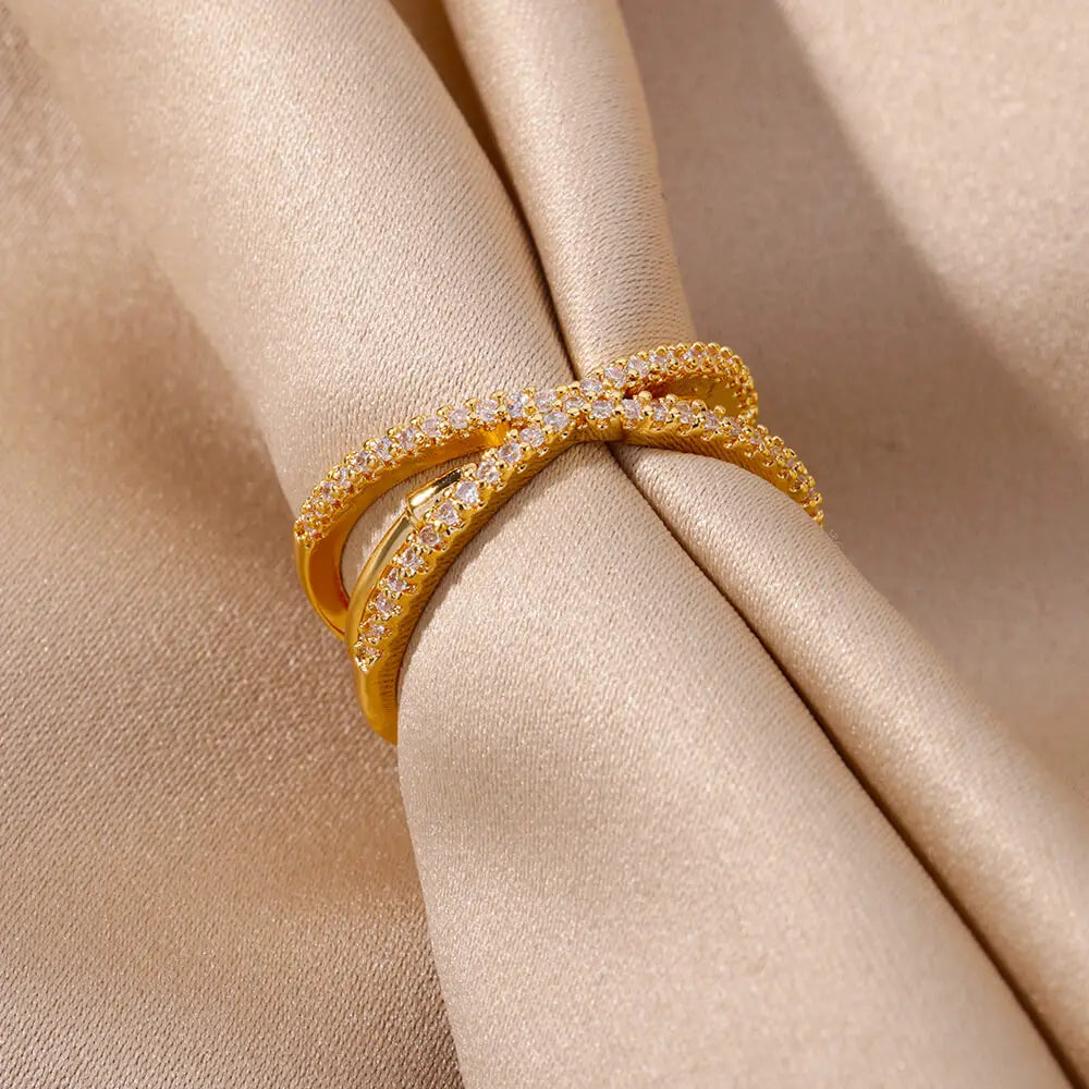 Gold Zircon Cross Open Ring – Stainless Steel Wedding & Party Jewelry for Women