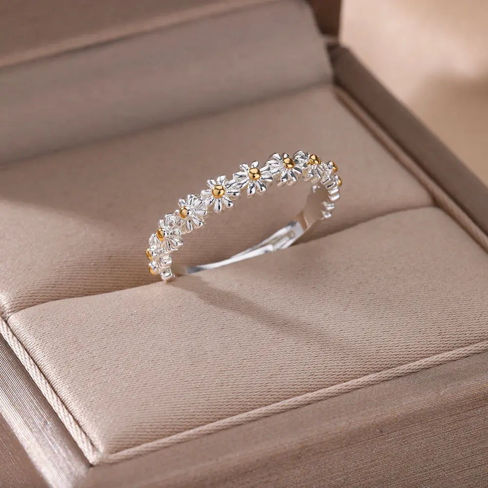 ๐ผ Vintage Daisy Adjustable Rings for Women | Stainless Steel Open Cuff Flower Ring | Wedding & Engagement Jewelry Gift