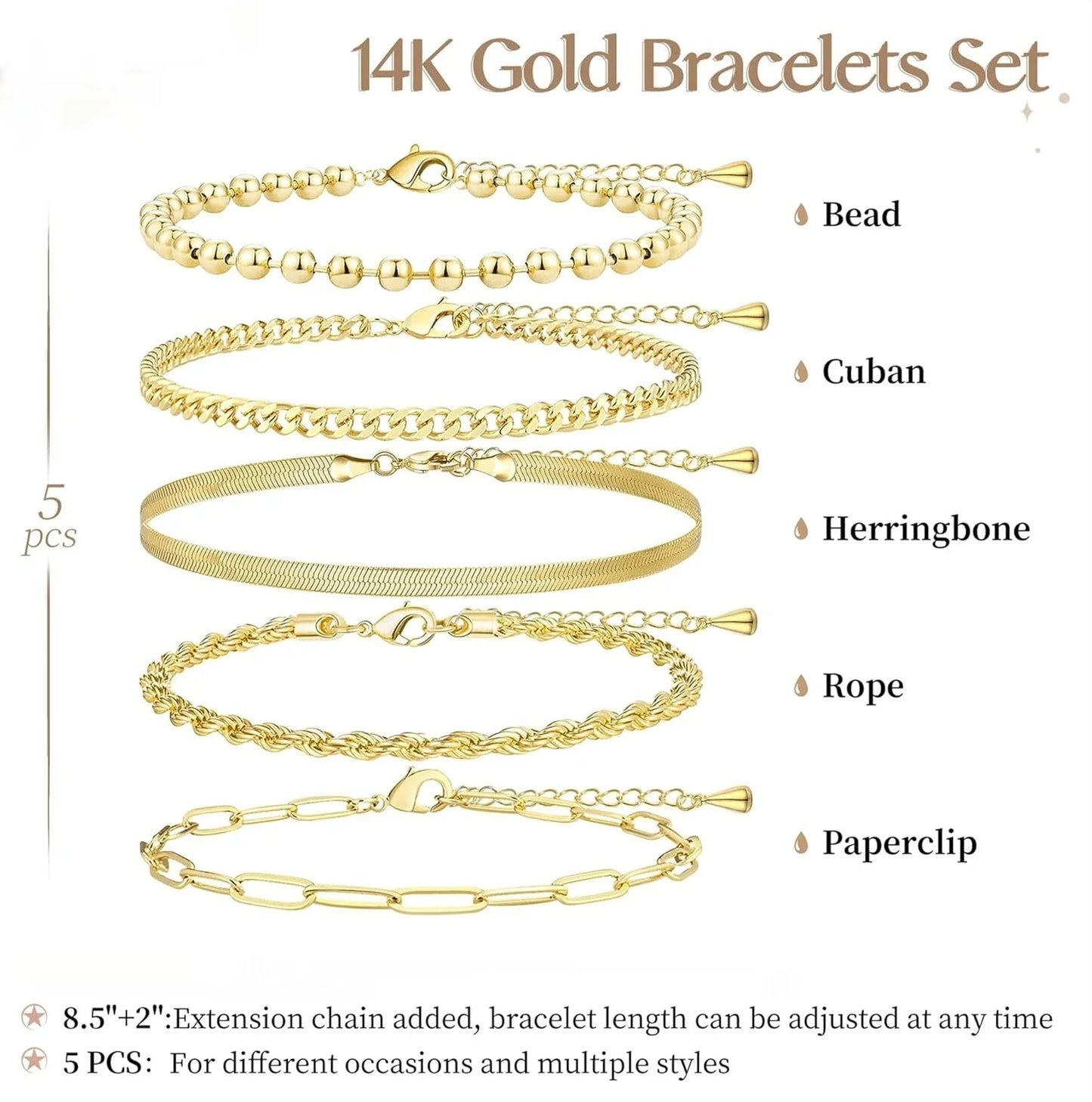 Gold Bracelet Set for Women | Beaded, Cuban, Paperclip, Snake & Rope Stack | Trendy Layered Charm Bracelets Gift