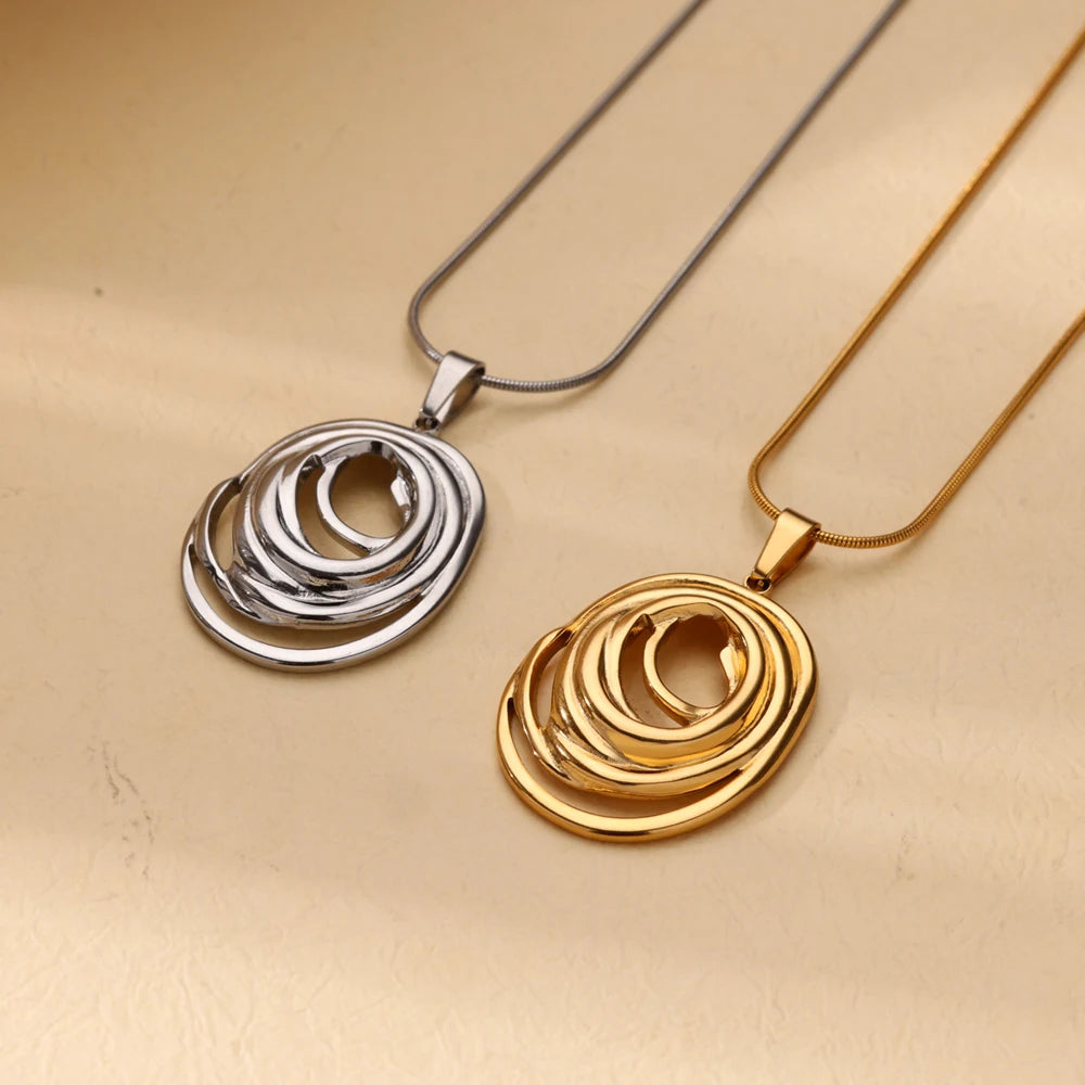 ✨ Hollow Geometric Oval Pendant Necklace for Women – Gold Color Stainless Steel | Trendy Party & Wedding Jewelry Gift